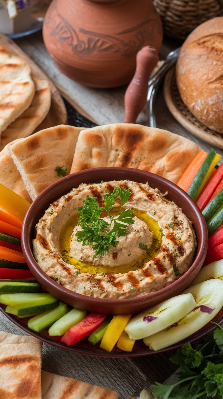 A bowl of grilled baba ganoush with vegetable sticks and pita bread on a wooden table.